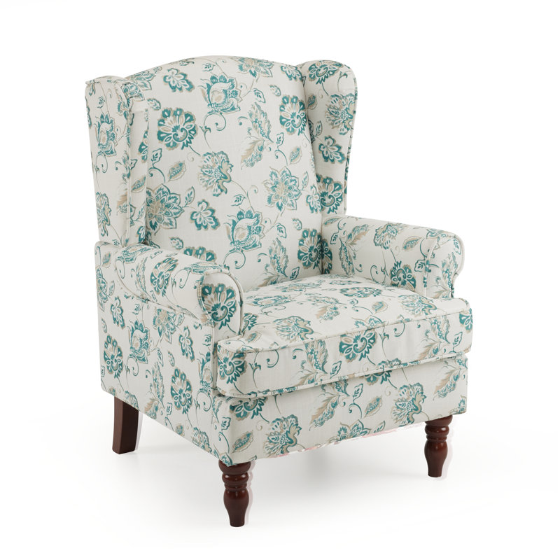 Upholstered Linen Wingback Chair, White/Green Floral