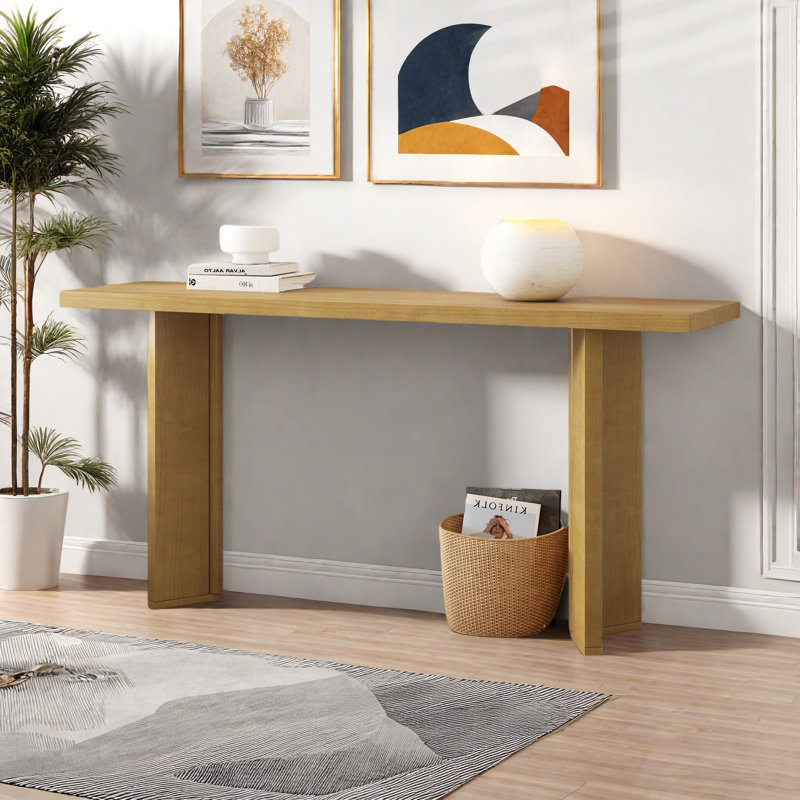 Console moderne avec structure de forme géométrique et grain de bois, Naturel