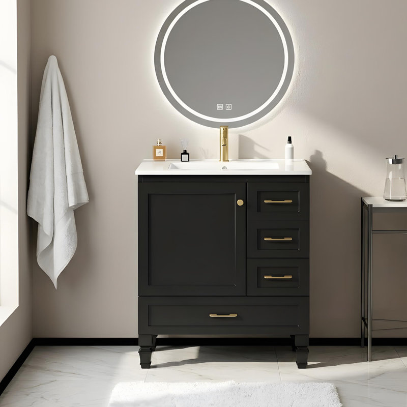 Meuble-lavabo de 30 po avec lavabo en céramique, portes à fermeture en douceur et 3 tiroirs, Black