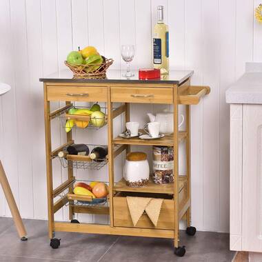 34 Inch Rubberwood Kitchen Cart, 2 Open Shelves, Knife Holder, Cutting