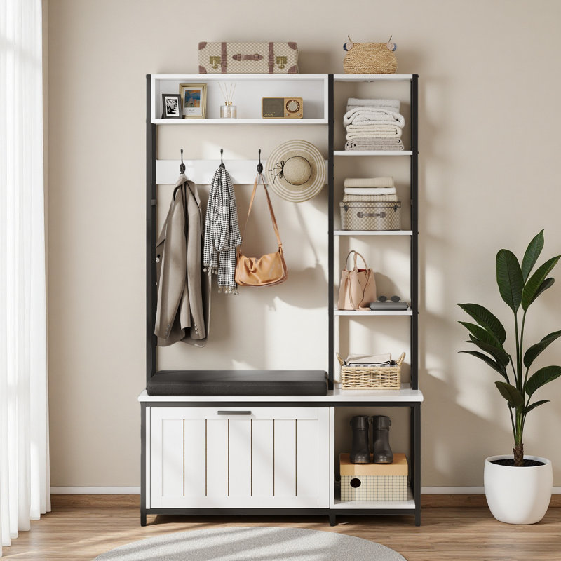 Portemanteau Hall Tree, portemanteau avec banc et rangement pour chaussures, meubles de rangement pour boue, Blanc rustique