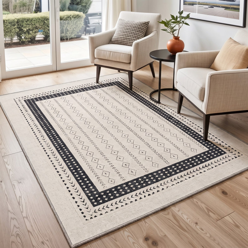 Tapis marocain noir/ivoire lavable à la machine avec envers antidérapant, Rectangulaire 8 pi x 10 pi