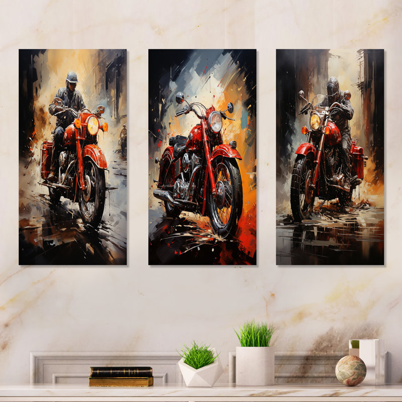Crimson Thunder Red Dirt Bike - ensemble de 3 reproductions d'art mural en métal, H 28 po x l 36 po