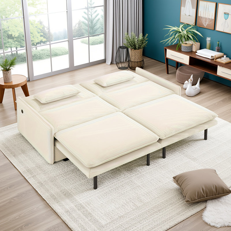 Canapé-lit convertible 4 places en chenille 4 places - Canapé Cloud avec rangement, port USB et coussin 2 en 1 beige / blanc