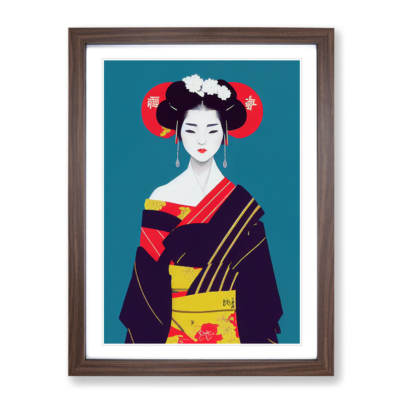 Beautiful Geisha - Framed Print, 34cm H x 25cm W x 2cm D, Brown Framed