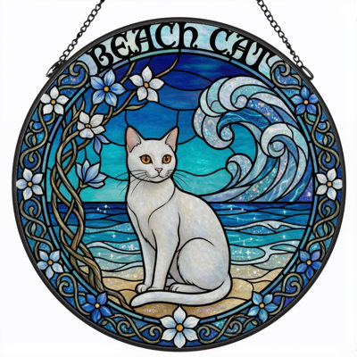 7.8"H Beach Cat Stained Glass Window Panel