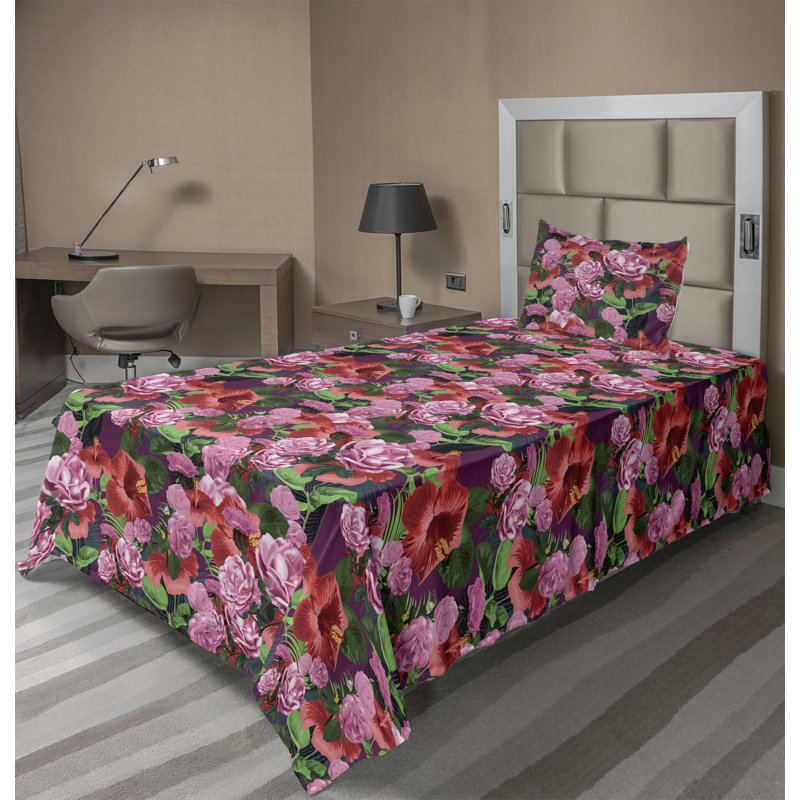 Ambesonne Watercolor Botany Sheet Set 4 Pcs Retro Boho Bloom, Pastel Pink Dark Coral Floral