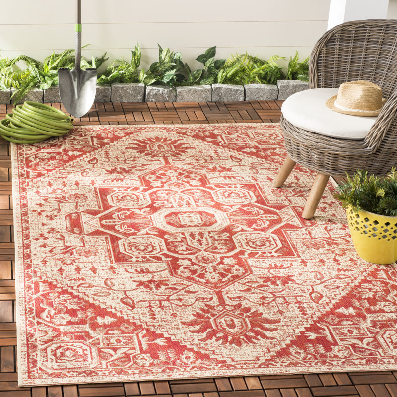 Glass Hooked Red/Cream Indoor/Outdoor Rug, Rectangle 155 x 229 cm