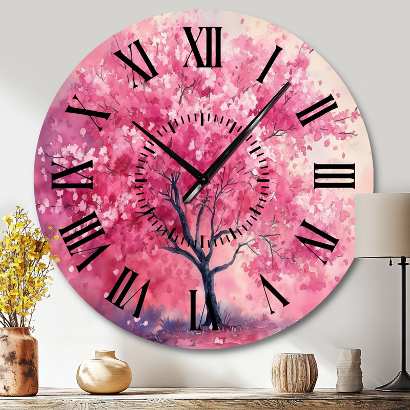 Horloge murale en métal à motif floral « Arbre en fleurs roses », Grand