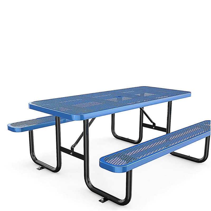 72" Expanded Metal Rectangular Picnic Table, Blue With Umbrella Hole