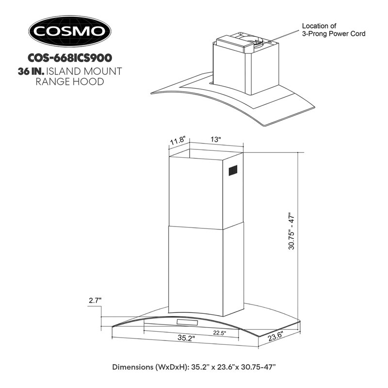 Hotte de cuisinière sans conduit Cosmo Lumin de 36 po, commandes tactiles, éclairage DEL, filtres permanents, acier inoxydable, 668ICS Series
