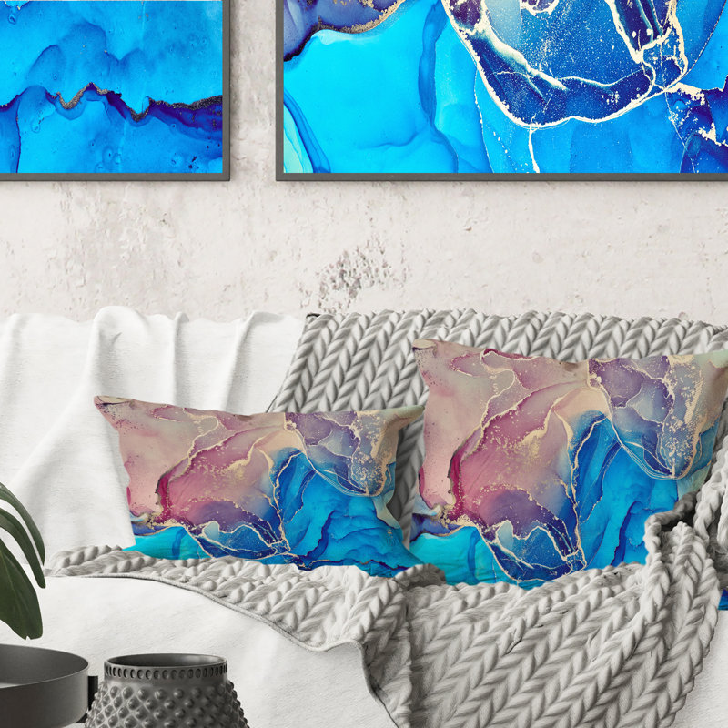 Bleu et mauve liquide Art I - coussin décoratif imprimé moderne, 18 po x 18 po