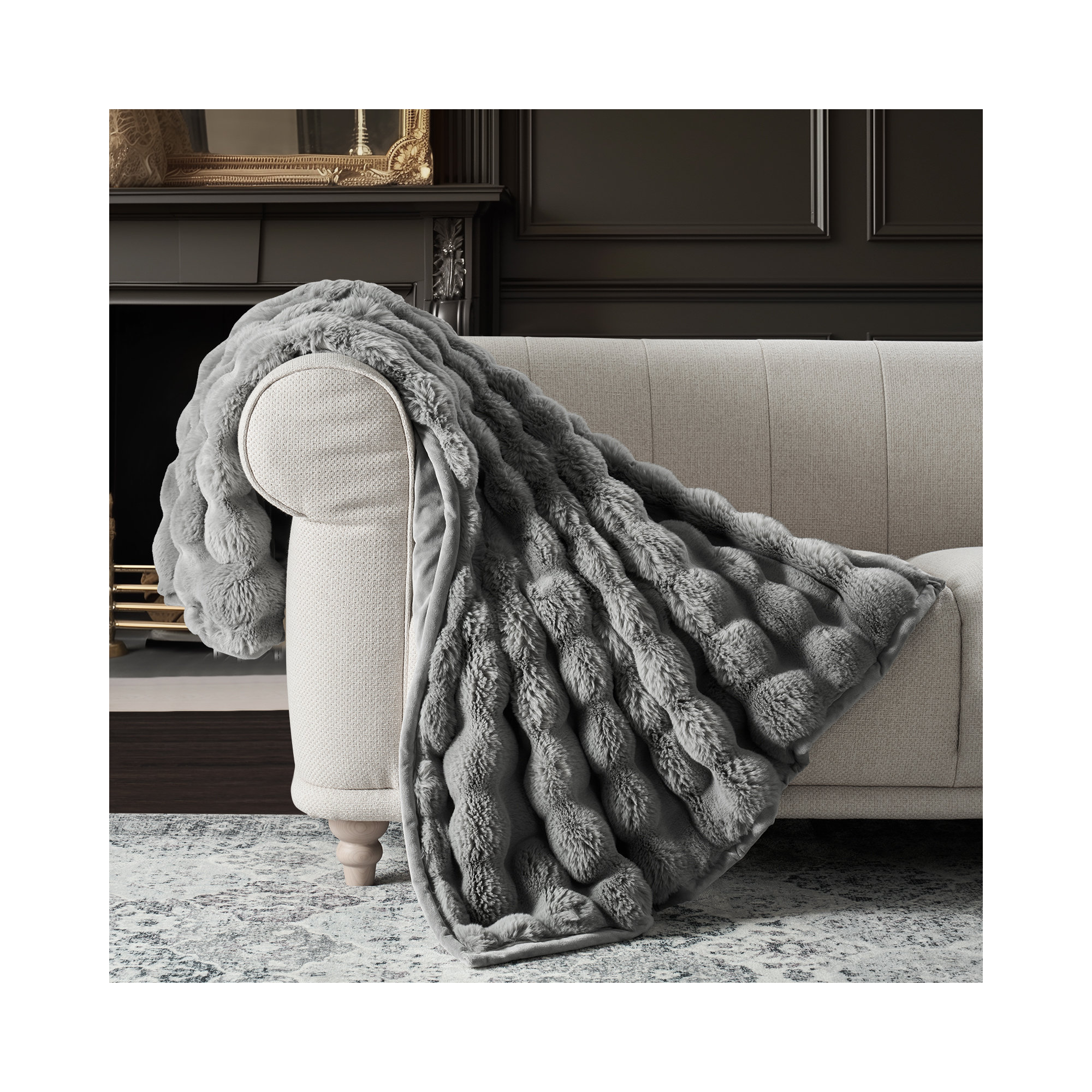 Ridgeline Faux Fur Throw Blanket, Gray, 60" L x 50" W