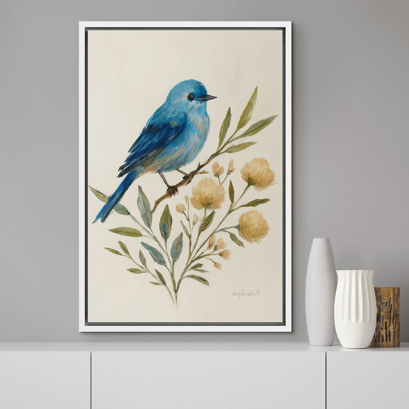Watercolor Blue Bird on Floral Branch - Pictures Framed Canvas Print Wall Art, 36" H x 24" W x 1.5" D, White Frame