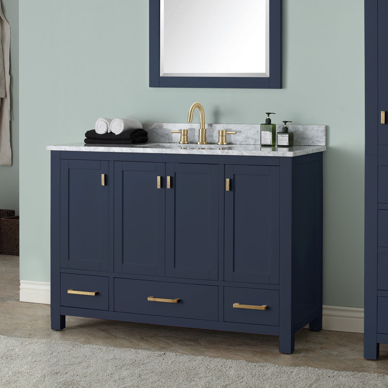 Modero 48" Single Bathroom Vanity with Top, Carrera White Marble, Gold, Navy Blue