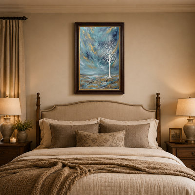 Arbre blanc dans un paysage abstrait bleu sarcelle et or, art mural sur toile
