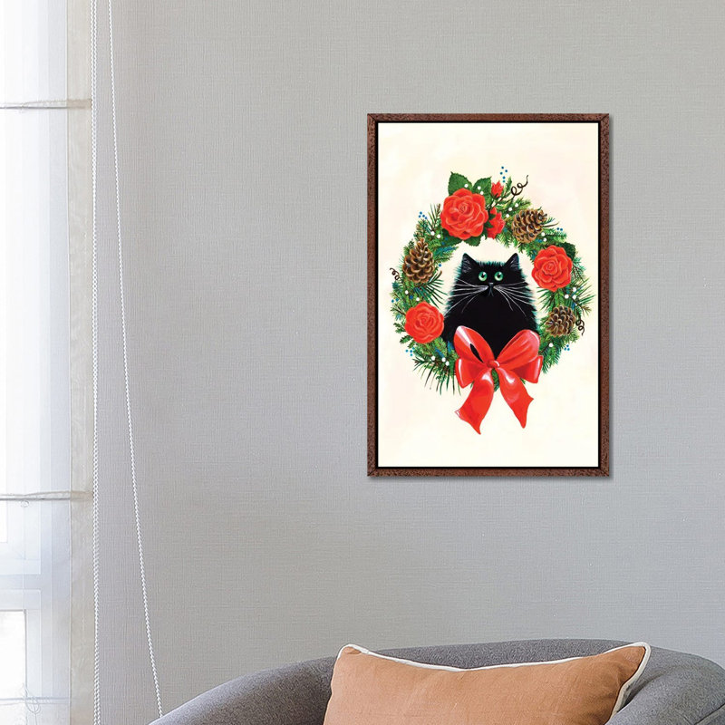 Black Cat In Rose Wreath by Kim Haskins - Print on Canvas, Classic Brown Wood Framed, 66.04 cm H x 45.72 cm W