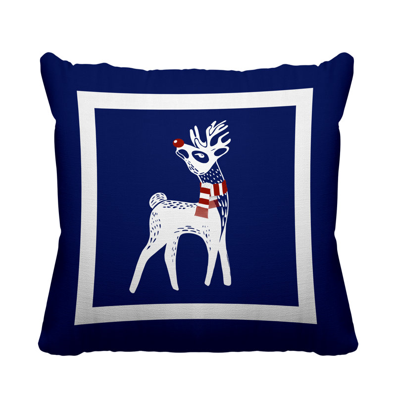 Coussin décoratif intérieur / extérieur Folk Christmas Reindeer, L 19 po x H 19 po, Bleu marine
