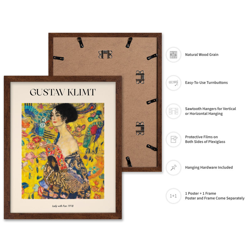 Gustav Klimt - Dame avec ventilateur n ° 2, H 11 po x l 14 po, Affiche, Encadrement brun