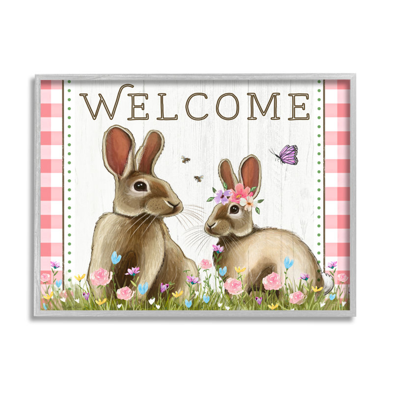 «Welcome Plaid Spring Garden Rabbits» par Elizabeth Tyndall - cadre flottant, impression sur bois