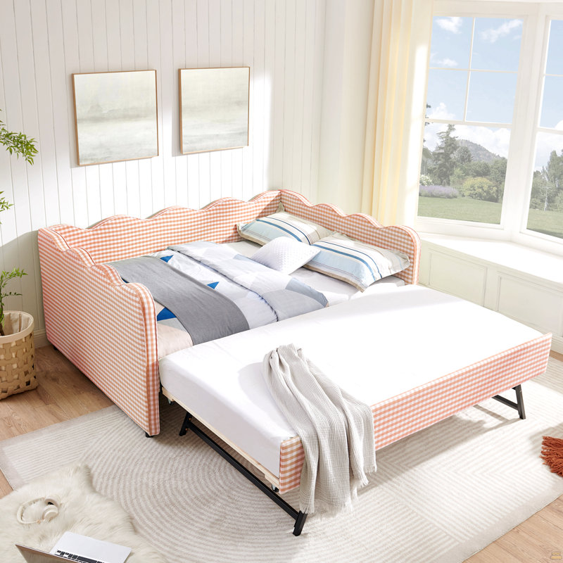 Lit de jour en vichy double avec lit gigogne simple et sans sommier, avec port USB, Rose
