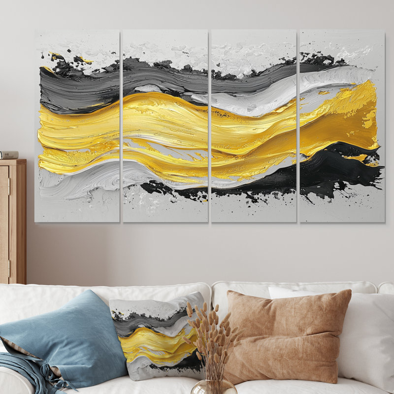 Fugue noire jaune en colo I - décoration murale néo-expressionniste jaune - art mural moderne, 4, H 28 po x l 48 po