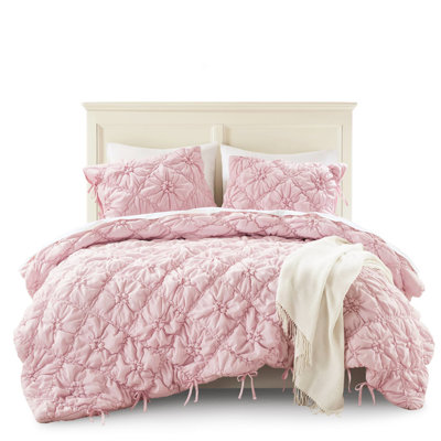 3pcs Full/queen Comforter , Pink Floral With Elastic Ruching, Breathable Microfiber, Ideal , Effortless Maintenance Comforter, Relaxed Embroidery, Breathable, All - Season Comfort, Idea, Easy Care
