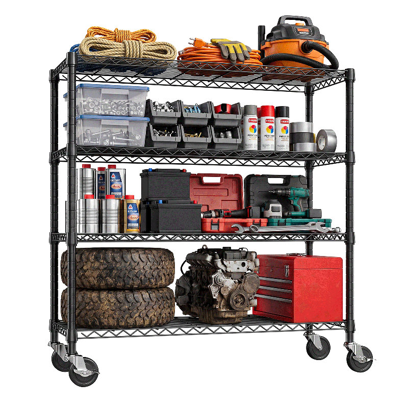 Étagère mobile à 4 niveaux en fil métallique de 119 cm (47 po), avec étagères réglables et roulettes verrouillables, idéale pour le garde-manger, le garage, la buanderie et le cellier, noir mat.
