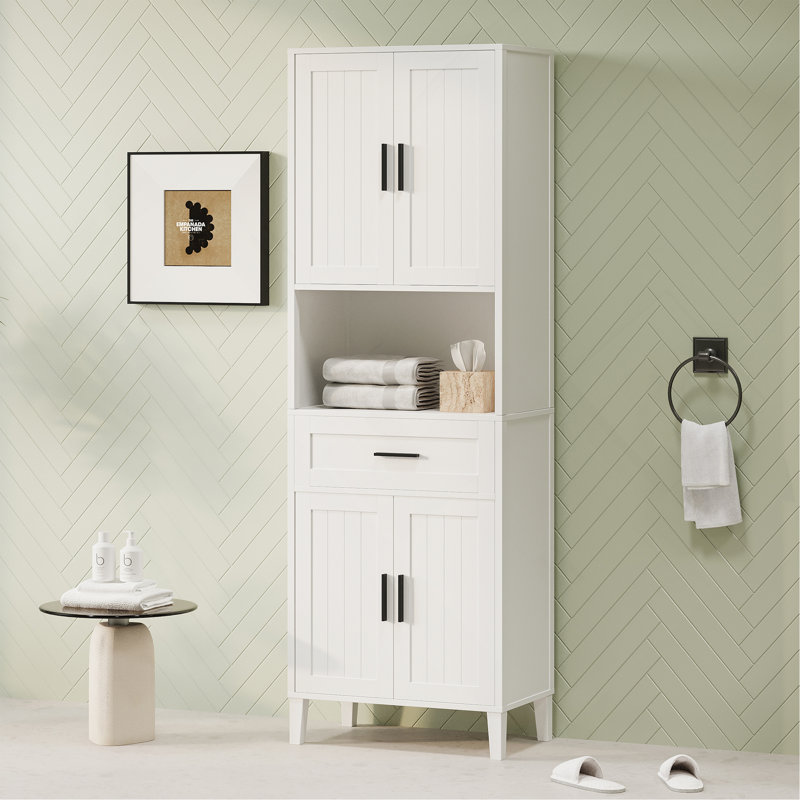 Grande armoire de salle de bain autoportante polyvalente au design élégant, Blanc