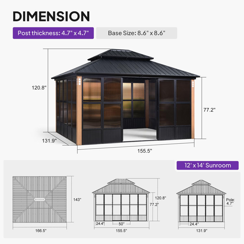 Pavillons de jardin d'extérieur en aluminium à grain de bois PURPLE LEAF, 12 pi x 14 pi, Véranda