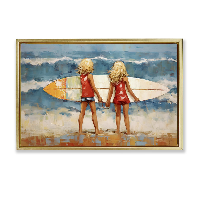 Frères et sœurs avec planche de surf brune encadrée, toile flottante par Petal Prints Design, Cadre flottant métallique doré