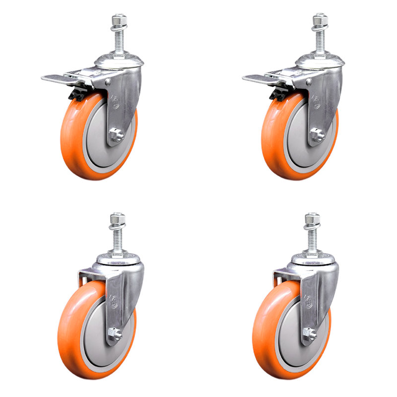 Ensemble de roulettes à tige pivotante en polyuréthane de 5 pouces, 3/8 pouce, 2 freins à verrouillage total SCC, Orange
