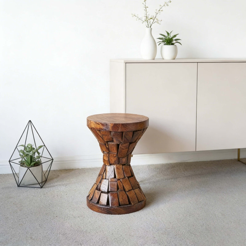 11.8" Brown Paulownia Wood Hourglass Accent Table, Textured Mosaic Design Side Table For Living Room