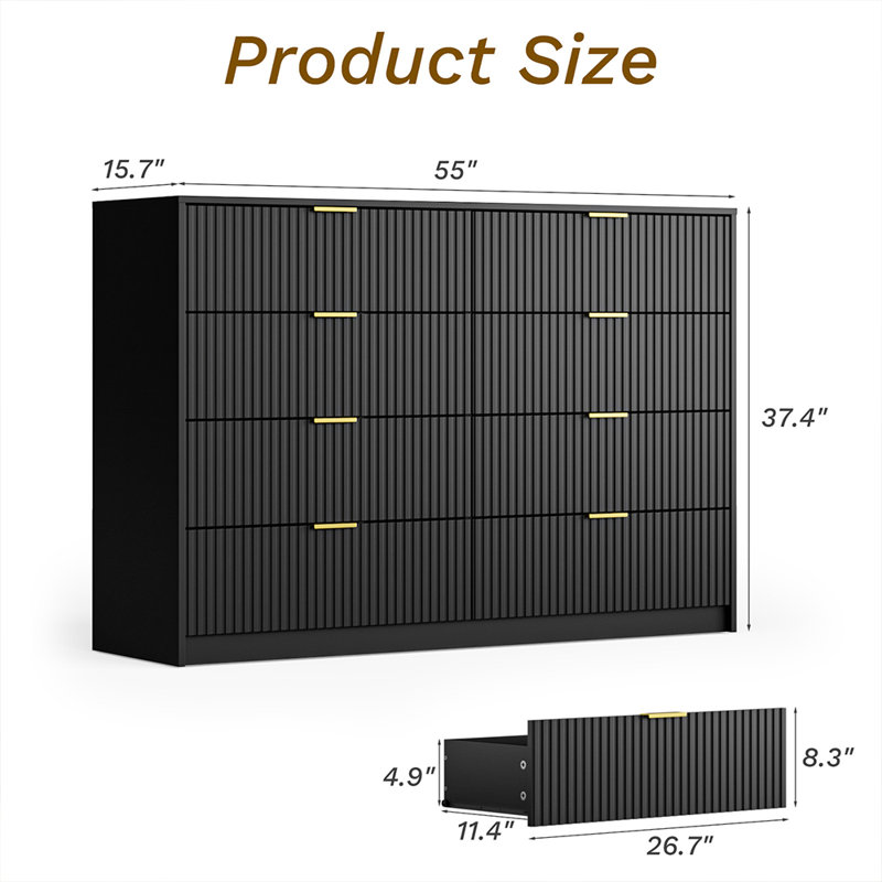 8-Drawer Double Dresser, 55" W, Black