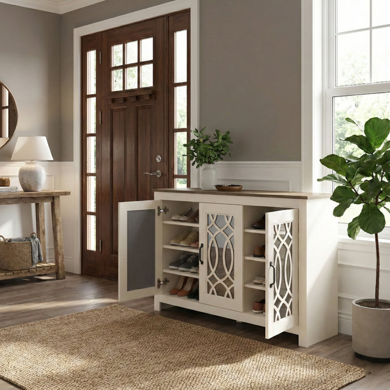 Allivia 16 Pair Shoe Storage Cabinet, Ivory/Knotty Oak