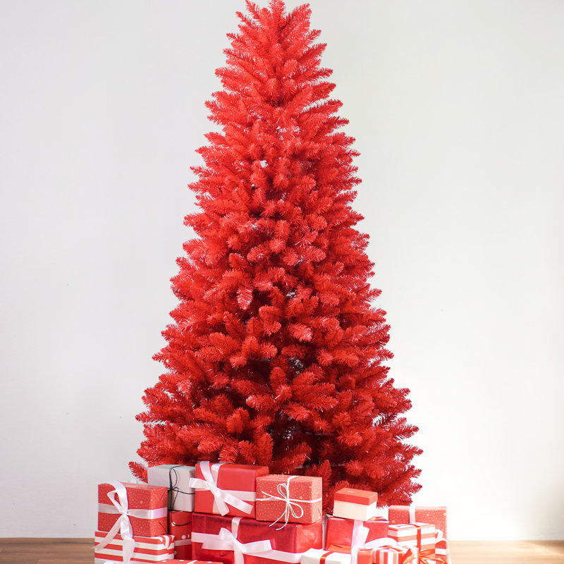 Arbre de Noël rouge de 4 pi, 456 pointes, structure à charnières pour un démontage rapide, conception de branche dense en position verticale, assemblage sans effort, support stable et robuste