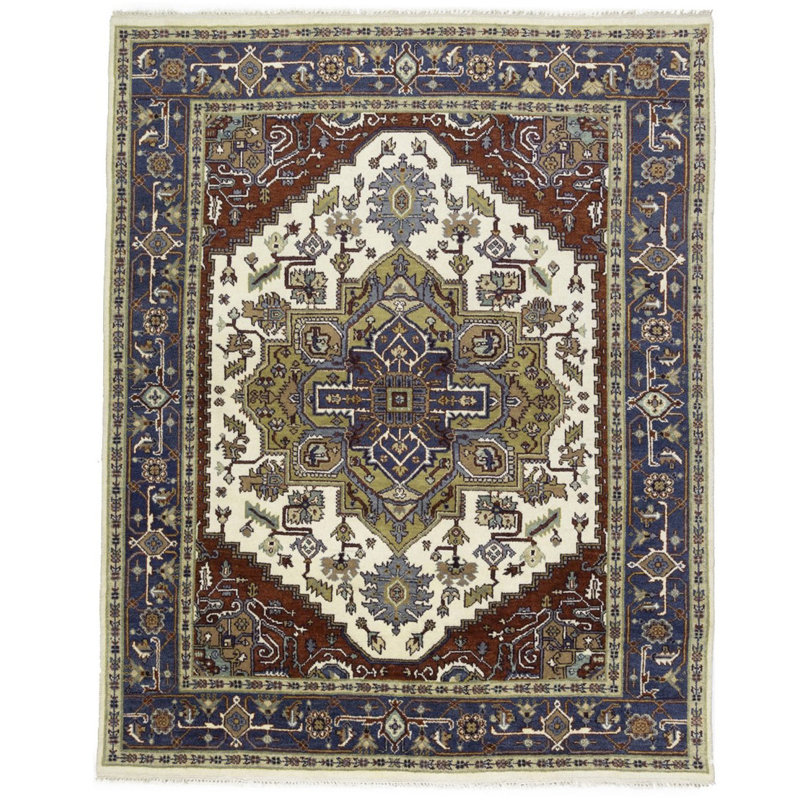 Tapis oriental bleu en laine noué à la main 7 pi 9 po x 9 pi 8 po Rennert