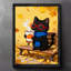 Art encadré noir Un chat noir tenant un café chaud sous des feuilles d'automne, reproductions d'art encadrées de style rétro-44270380