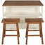 Ensemble d'îlot de cuisine classique en bois massif brun 3 pièces avec plateau carré, 2 tabourets et tablettes ouvertes