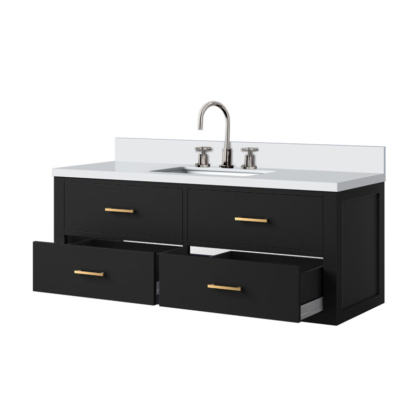 Ensemble de meuble-lavabo simple avec comptoir en quartz blanc et robinet, Noir, noir, noir, noir