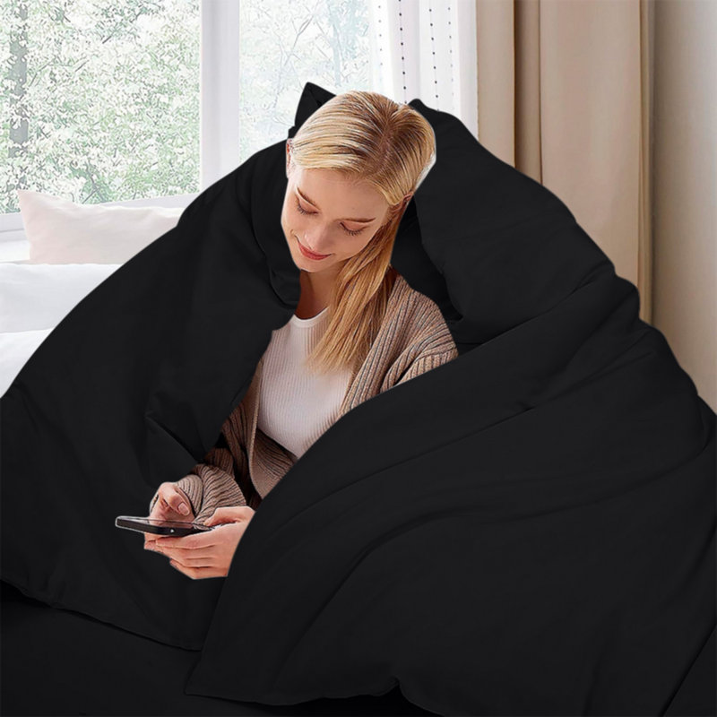 Ensemble de housse de couette en microfibre , Noir, Housse de couette double + 2 taies d'oreiller stan