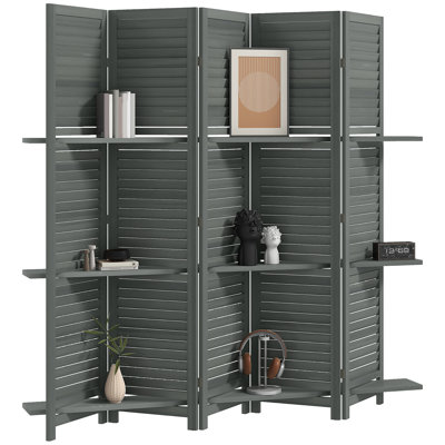 5 Panel 67" Tall Wood Room Divider, Privacy Screen With 3 Display Shelves, And Folding Storage For Bedroom Or Home Office