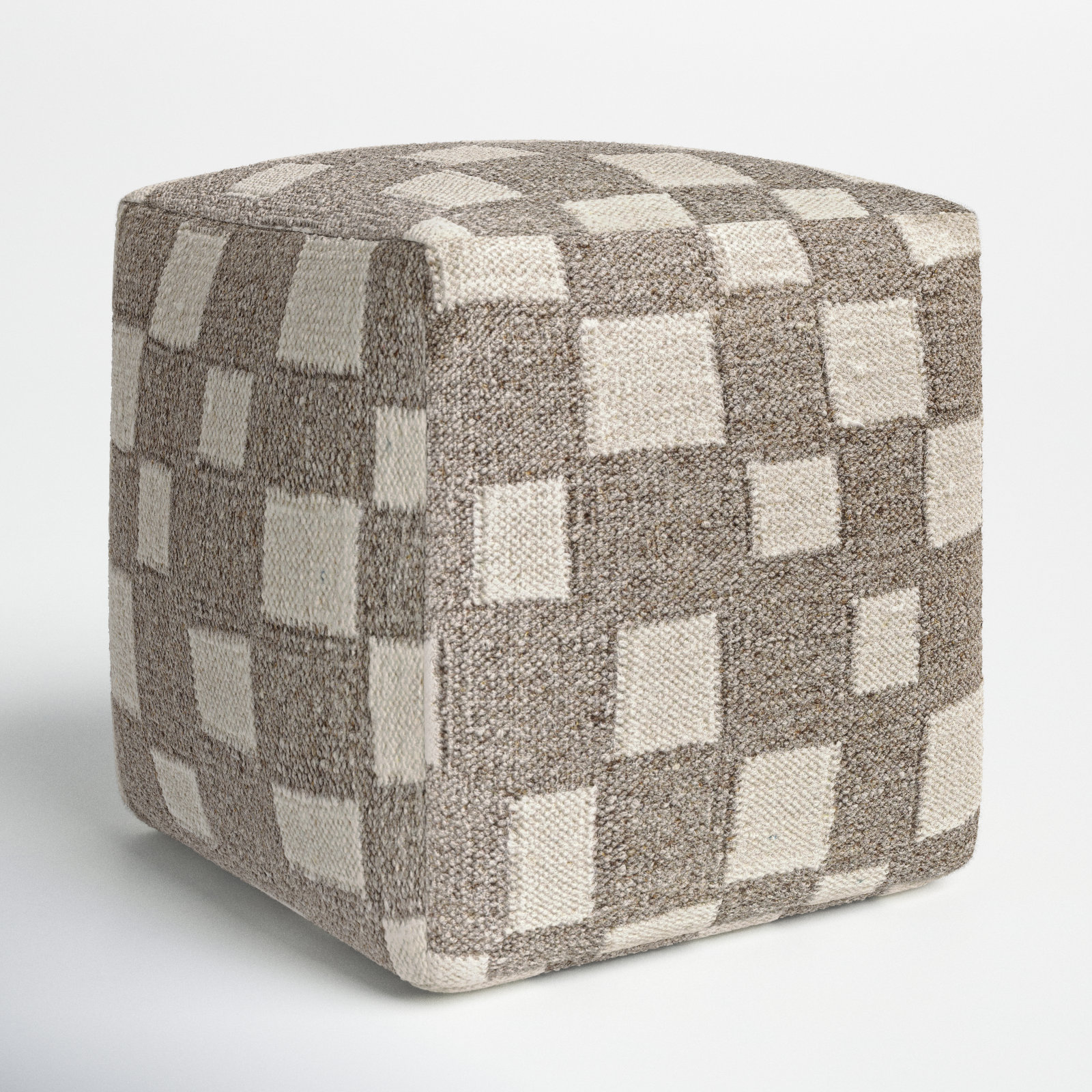 Gwennie Upholstered Pouf, Tan/Off White Wool/Cotton Blend