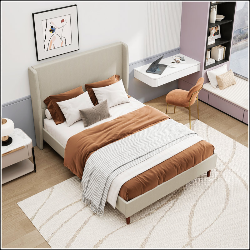 High Back Soft Bed Queen Size With 12-Slat Support, High Quality Linen Upholstery, Easy Assembly For Comfort And Durability