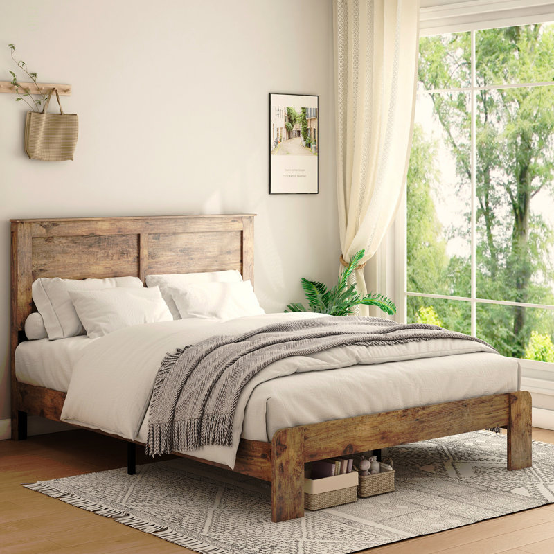 Structure de lit double, structure de lit plateforme en bois, silencieuse, aucun sommier nécessaire et outil d'assemblage facile, grand rangement sous le lit