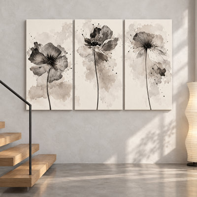 3 Pieces Exculisive Gray Ink Flower Triptych Minimalist Large Wall Art Neutral Botanical Panorama, Canvas Decor for Living Room, Bedroom and Office