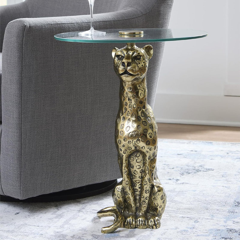 Table d'appoint industrielle en verre avec base sculpturale léopard - Fabrication en métal et en verre