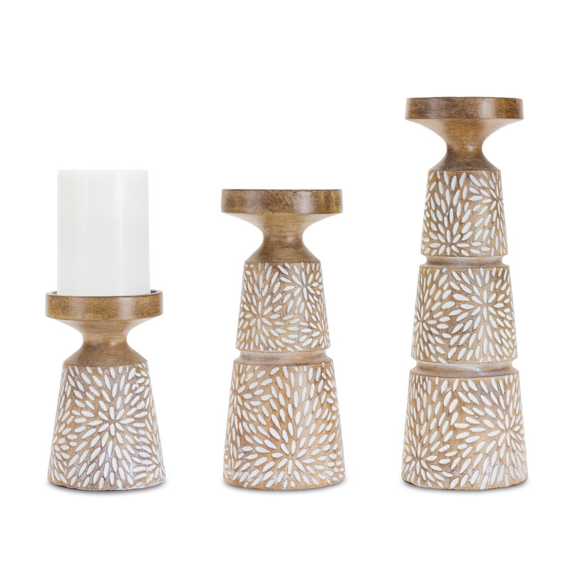 Ensemble de trois bougeoirs de table en résine à motif floral brun et blanc patiné