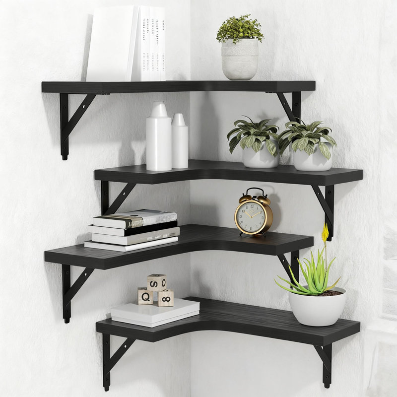 Ensemble de 4 tablettes d'angle flottantes en bois rustique pour la maison, la salle de bain, la cuisine, la chambre à coucher, le salon et le bureau