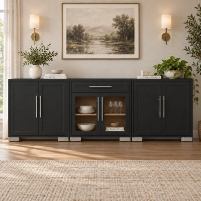 31.5" High Gloss 2 2-Door Cabinets With 2-Door Glass Cabinet And 1 Drawer, Long Handles And Electroplated Legs, Black